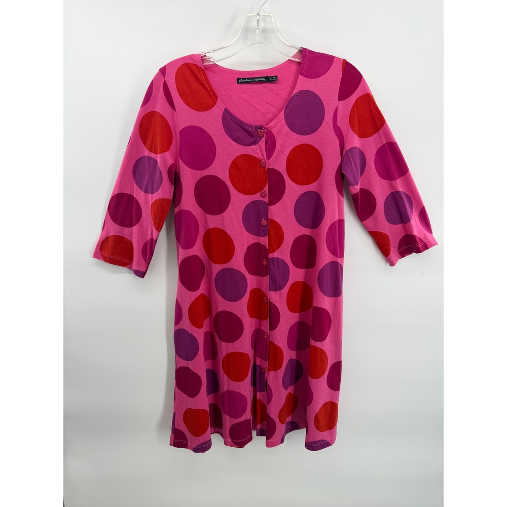 Gudrun Sjödén Polka Dot Dress Pink Lagenlook Button Front 3/4 Sleeve Sz S